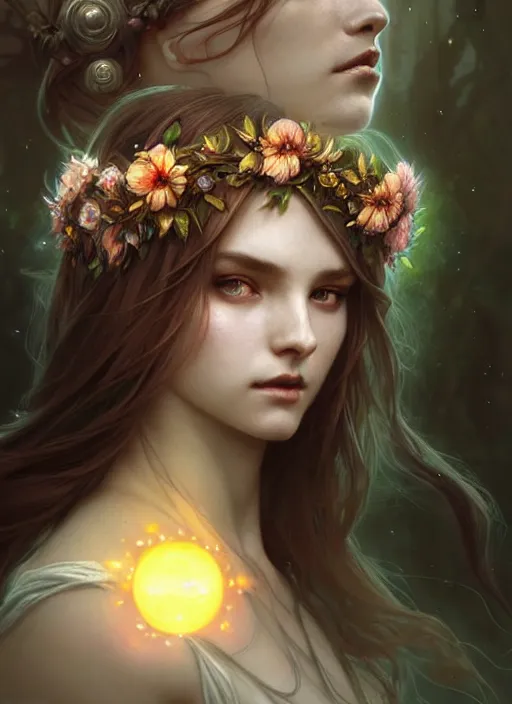 Prompt: a beautiful cinematic female druid goddess, flower Crown, galatic shamen with Quantum energy fantasy, fantasy magic, undercut hairstyle, dark light night, intricate, elegant, sharp focus, illustration, highly detailed, digital painting, concept art, matte, art by WLOP and Artgerm and Greg Rutkowski and Alphonse Mucha, masterpiece