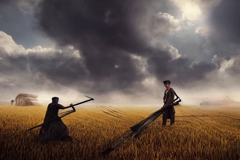 Image similar to concept art, a stage, man with scythe, mowing of the hay, traditional romanian clothing, dramatic lighting, beautiful, volumetric lighting, colorful, octane render