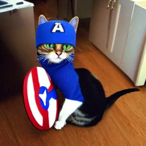 Image similar to a cat wearing captain america's outfit