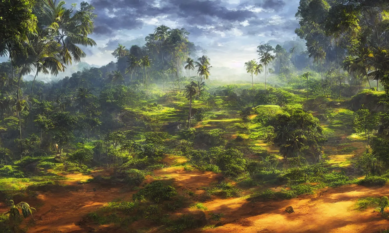 Image similar to a beautiful sri lankan landscape, concept art, intricate detail, volumetric shadows and lighting, realistic oil painting,