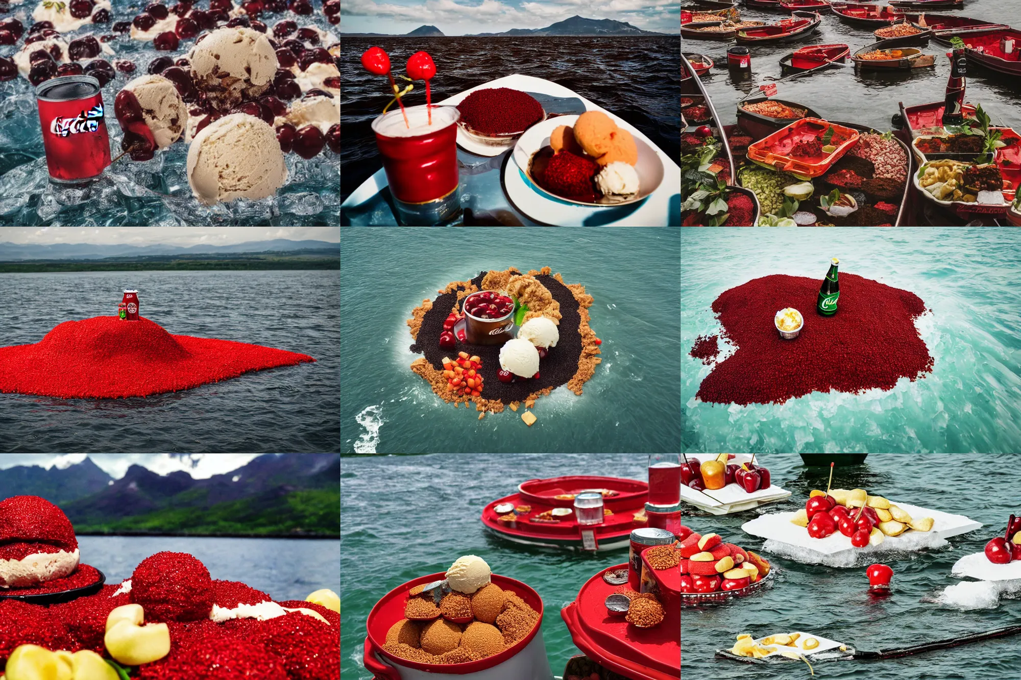 Image similar to an island made of food, around the island instead of water coca - cola ( dark brown ), instead of sand red caviar, instead of mountains ice cream with cherries, photo taken from a boat, 3 5 mm, cinematic