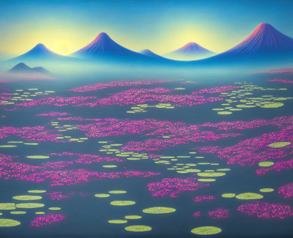 Image similar to a landscape pastel in the style of noriyoshi ohrai and of a field of lotus flowers, glowing with iridescent mana. some misty mountains in the background. key art. 4 k retrofuturistic fantasy