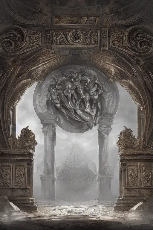 Prompt: a beautiful 3 d gigantic golden hell's gate osborne robert mandel artstation unreal 8 k ， greco - roman art, intricate complexity, gilded swirls on monochrome, occult propaganda, in the thick fog