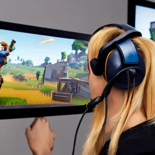 Image similar to view from behind of a female with long blonde hair wearing headset watching monitor displaying fortnite, intricate detail, cinematic composition