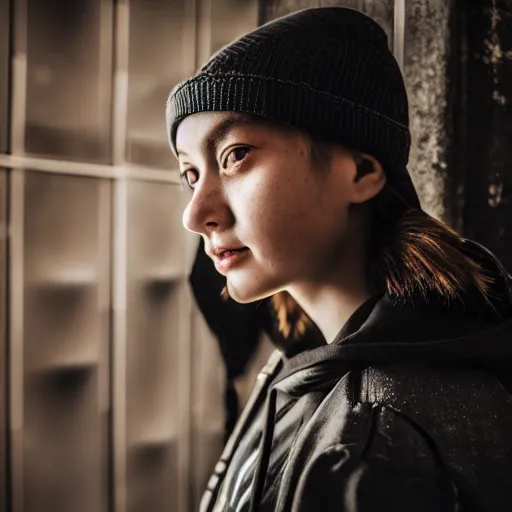 Image similar to photograph of a techwear mixed young woman inside a hidden busy speakeasy, closeup, brutalist design, sigma 85mm f/1.4, 4k, depth of field, high resolution, 4k, 8k, hd, full color