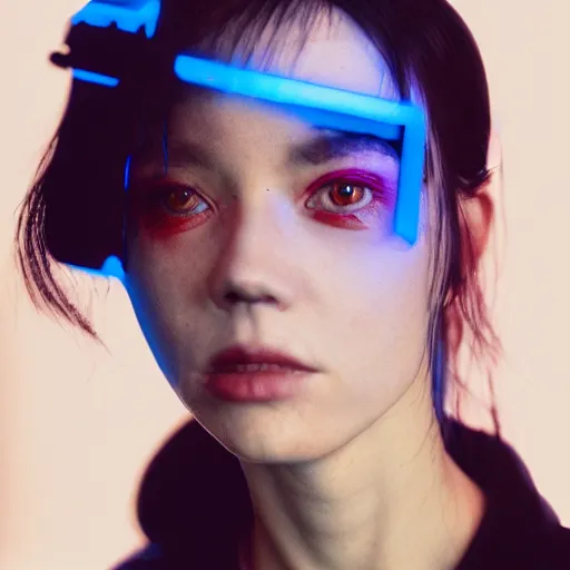 Prompt: Portrait photo of a cyberpunk woman, studio lighting, highly detailed, cinestill 800t