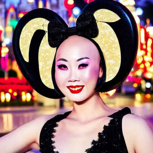 Prompt: beautiful bald chinese woman with pinup makeup wearing disneyland mouse ears standing in front of the disneyland castle at night, oil painting, highly detailed, theatrical lighting, sharp focus