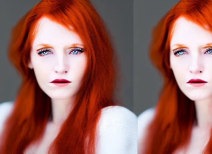 Image similar to 5 5 mm portrait photo of a redhead woman's face with ( intricate cat eyes )!!. highly detailed 8 k. intricate. lifelike. soft light. nikom d 8 5 0. cinematic post - processing