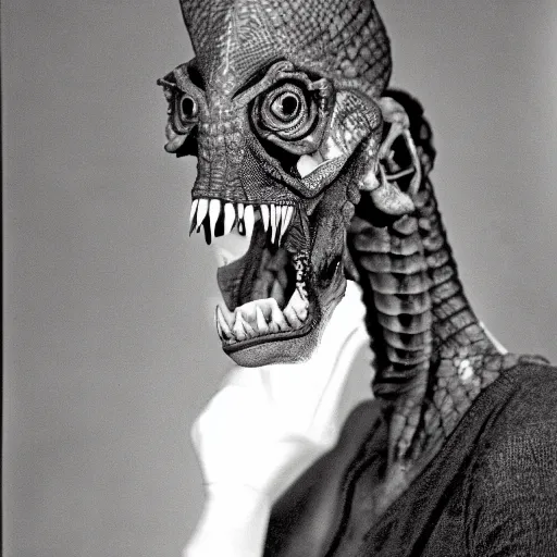 Prompt: studio portrait photograph of a reptilian humanoid with a long snout and pointed teeth