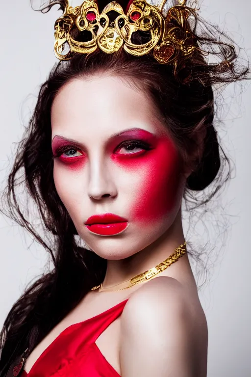 Prompt: fashion photography of a beautiful female with red makeup and gold jewelry, white background, 8 5 mm lens, alexander mcqueen dress,