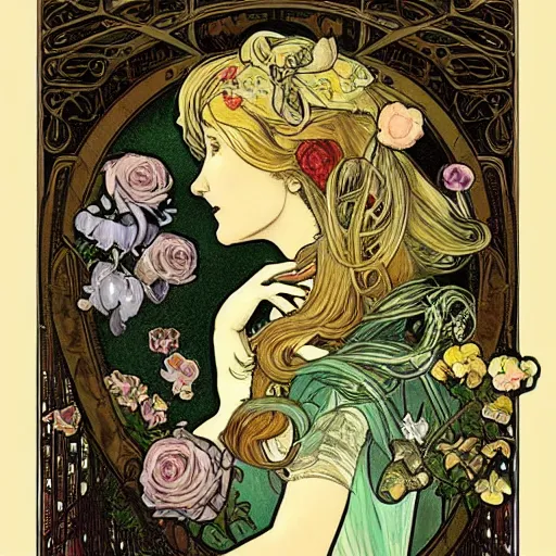 Image similar to Alice in Wonderland,Diamonds Blaze,Rose twining,out of time and space,dreamy, eternity, romantic,highly detailed,in the style of Alphonse Maria Mucha, highly detailed,night lighting