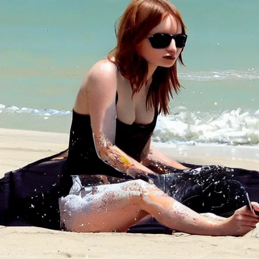 Prompt: emily browning covering herself in oil at the beach