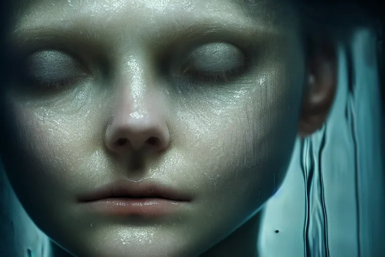 Prompt: an ultra realistic, cinematic, fantasy, portrait, of a woman, face in water, dramatic, soft light, dreamy, facial features, stood in a cell, with prison clothing, detailed, deep focus, movie still, dramatic lighting, ray tracing, by michal karcz and yoshitaka amano