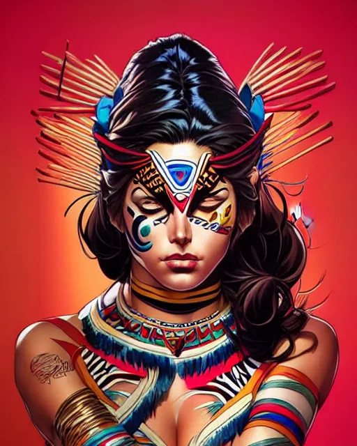 Image similar to artgerm, joshua middleton and sandra chevrier comic cover art, pretty full body danza azteca dancer, symmetrical eyes, scales, beautiful, rim lighting, vivid colors