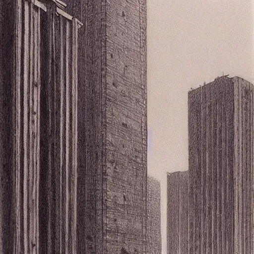 Prompt: grunge drawing of hotel rooms and skyscrapers by - Zdzisław Beksiński, detailed, elegant, intricate