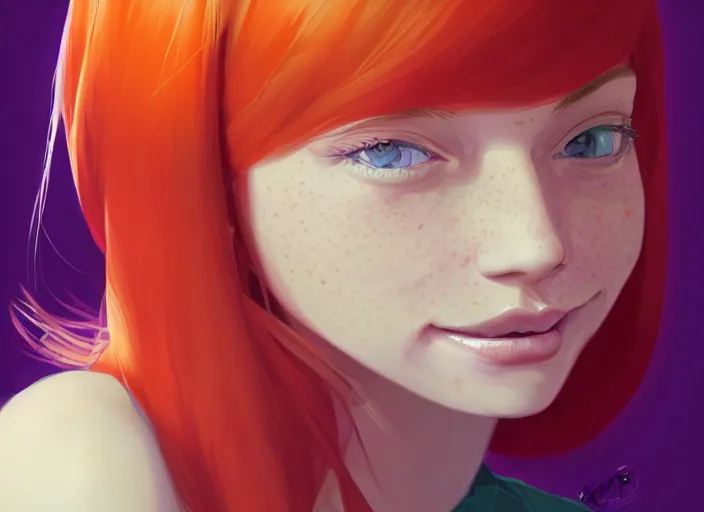 Prompt: portrait of a beautiful smiling girl with orange hair and freckles, green eyes, highly detailed, digital painting, concept art, smooth, sharp, focus, background is purple, anime key visual, ilya kuvshinov, Ross Tran, artstation