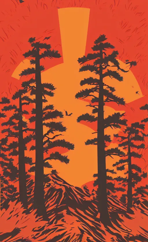 Prompt: hanafuda, a forest of japanese pines, a big red sun in the background, front game card, vector line art, trending on behance, concept art, stunning, matte