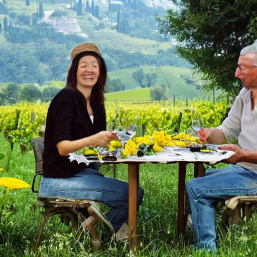 Prompt: 2 people seated at a small table with dandelions and wine, in Italy