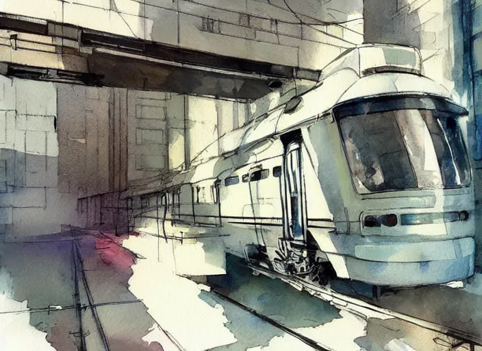 Image similar to concept art of a urban train, pinterest, artstation trending, behance, watercolor, by coby whitmore *, silver, laser light *,