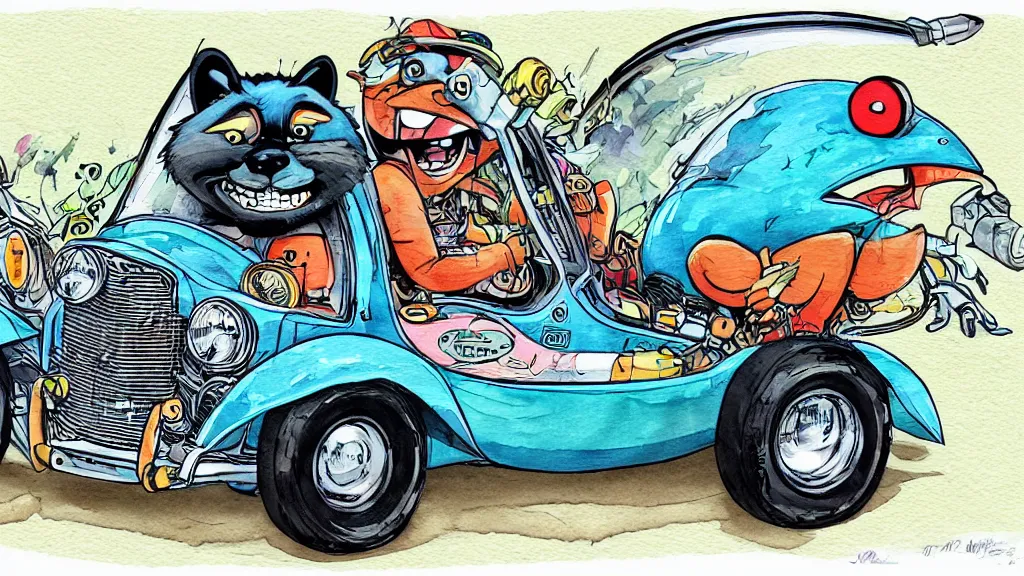 Image similar to cute and funny, racoon riding in a tiny hot rod coupe with oversized engine, ratfink style by ed roth, centered award winning watercolor pen illustration, by james nyika, edited by range murata