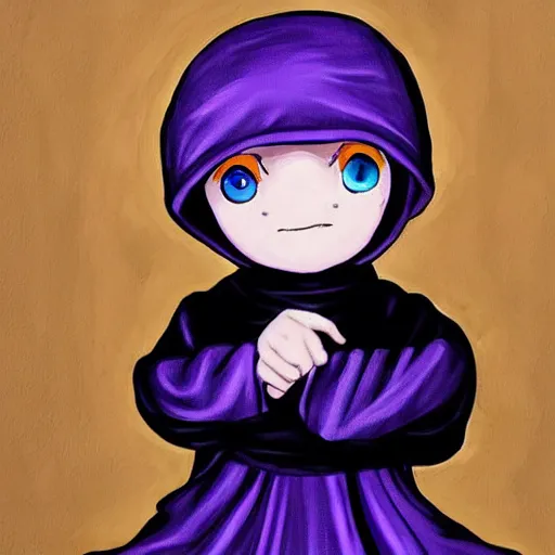 Image similar to little boy wearing nun outfit, blonde hair, blue eyes. purple and black color palate, detailed soft painting, made in abyss art style, inspired in hirohiko araki, anatomically correct