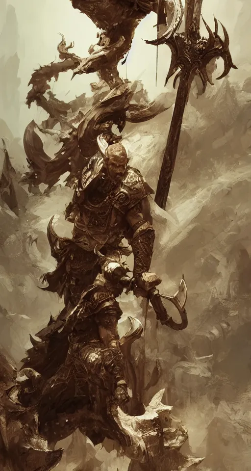 Prompt: the viking stands triumphantly as he enters the gates of valhalla. highly detailed, digital painting, artstation, smooth, sharp focus, illustration, masterpiece, art by ruan jia and jakub rebelka and artgerm