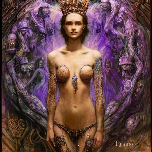 Image similar to the crystal crown, by Luis Royo Annie Swynnerton and Nicholas Roerich and Diego Rivera, tattooed bioluminescent skin, elaborate costume, geometric ornament, symbolist, rich color, dramatic cinematic lighting, smooth, sharp focus, extremely detailed