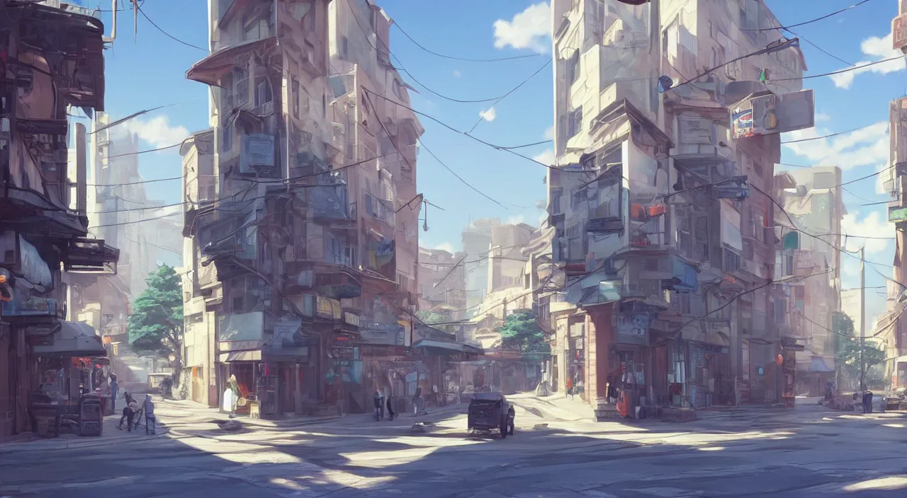 Image similar to a digital painting of a street in a small town, a screenshot by makoto shinkai, trending on cgsociety, photorealism, rendered in unreal engine, concept art, official art