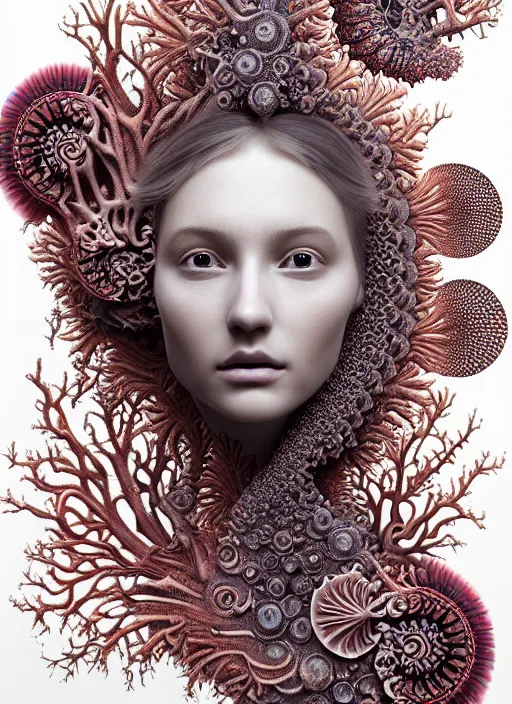 Prompt: ridiculously beautiful young womans face, layers of intricate swirling fractals of 3 d coral and flower skin, blooming, portals into dimensions, coral, birds, symmetrical, in the style of ernst haeckel, effervescent, sacred geometry, surrealism, photo realistic, epic and cinematic, 3 d, clear, sharp,