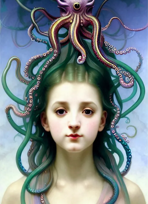 Image similar to A full shot of a cute magical monster girl wearing a dress made of opals and tentacles. Subsurface Scattering. Caustics. Prismatic light. defined facial features, symmetrical facial features. Opalescent surface. Soft Lighting. beautiful lighting. By Giger and Ruan Jia and Artgerm and WLOP and William-Adolphe Bouguereau and Loish and Lisa Frank. trending on artstation, featured on pixiv, award winning, sharp, details, intricate details, realistic, Hyper-detailed, HD, HDR, 4K, 8K.