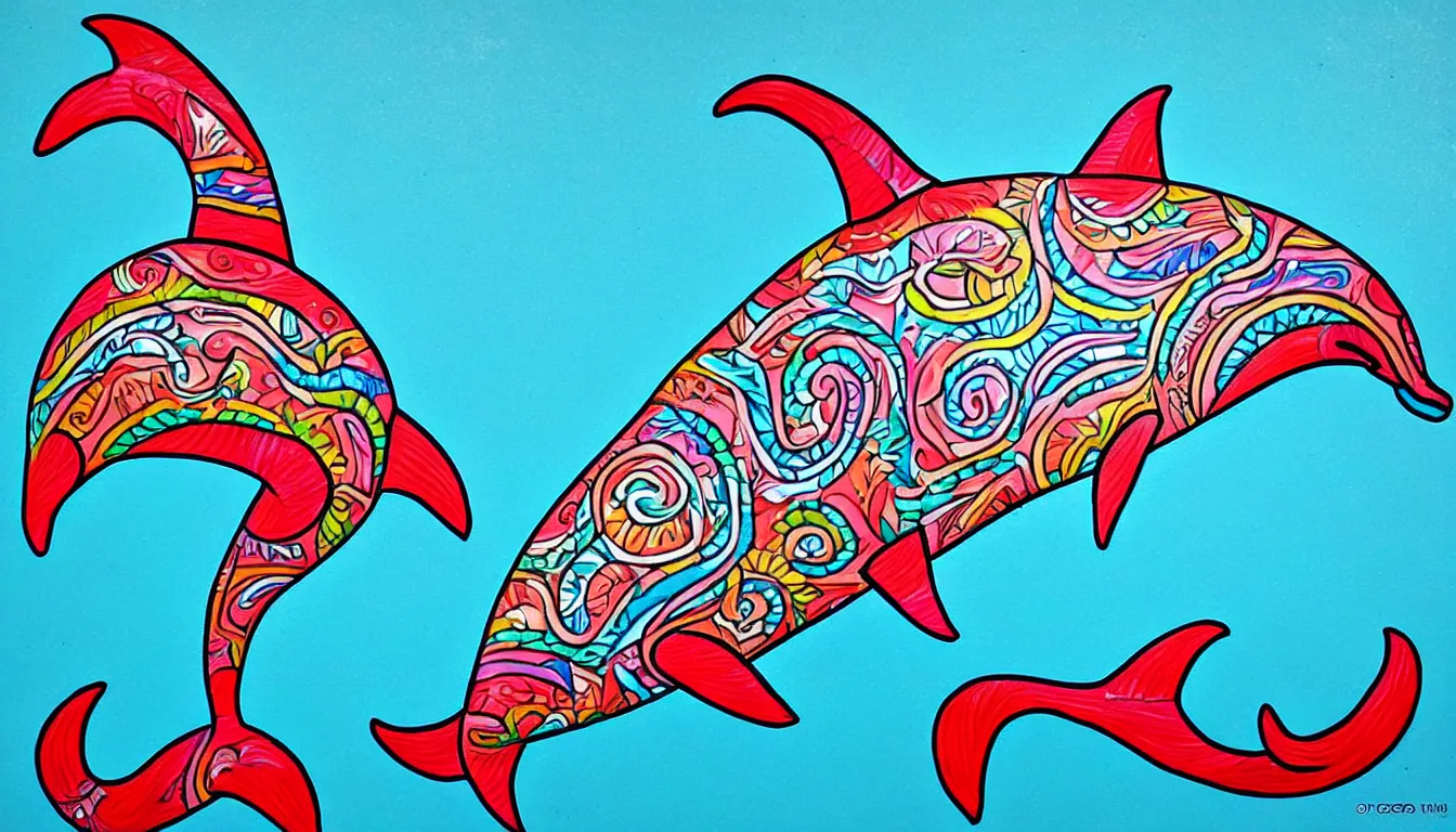 Image similar to a realistic dolphin in the style of mexican folk art