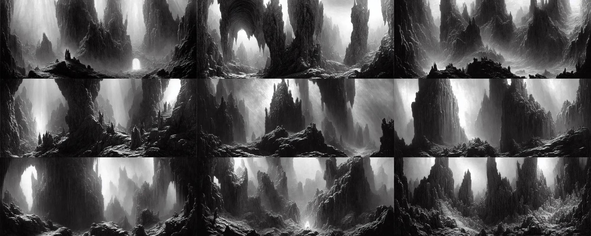 Image similar to a epic concept art by gustave dore and greg rutkowski, trending on artstation. dante's divine comedy, dark fantasy cave palace of bad omens. light effect. a beam of light fell on the stone throne!! white stone steps seeping magma. fier in fog!! 3 d, ultra clear detailed. octane render, unreal engine. 8 k