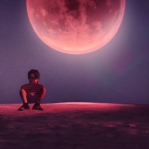 Prompt: gustavo cerati sitting on the red moon, digital art, matte painting, render unreal engine, highly detailed, asymmetrical