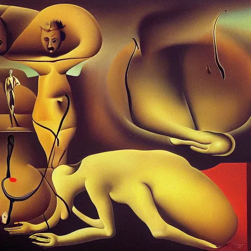 Prompt: a painting titled'the parametric decisions of life made by soft flesh'by salvador dali