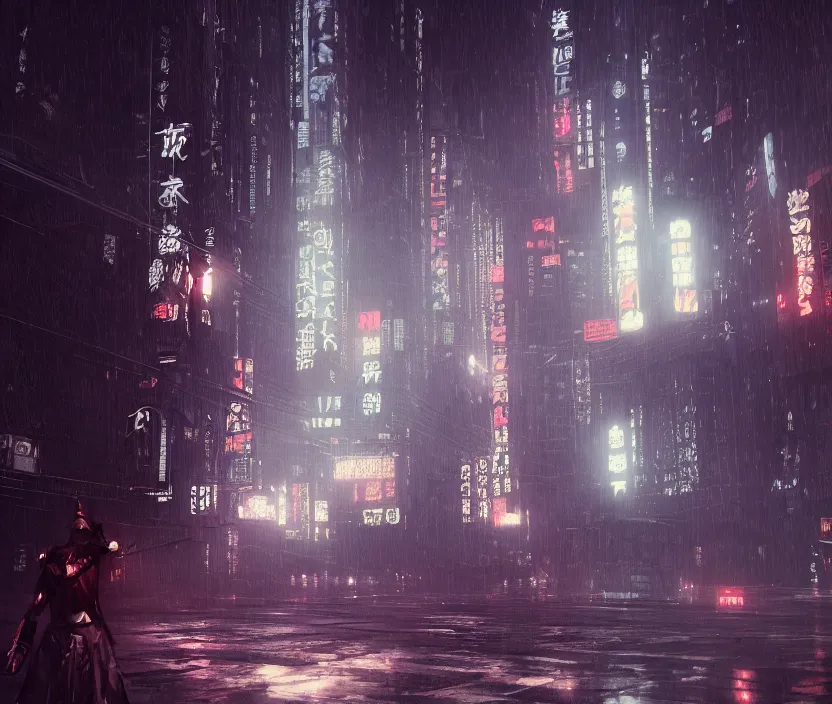 Image similar to 'a samurai in night city cyberpunk thematic , gloomy and foggy atmosphere, octane render, artstation trending, horror scene, highly detailded'