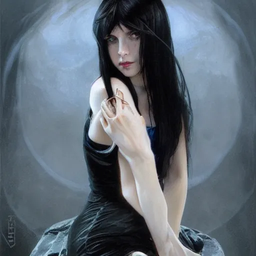 Image similar to portrait of teenage girl with glossy black hair, blue eyes, glowing porcelain skin, fashion model features, dark fantasy, academia, intricate, elegant, black dress, highly detailed, digital painting, artstation, concept art, smooth, sharp focus, illustration, art by Krenz Cushart and Artem Demura and alphonse mucha