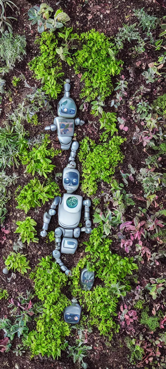 Image similar to award winning photo of robot body degraded and filled with plants, stunning, 4 k, detailed, top - down