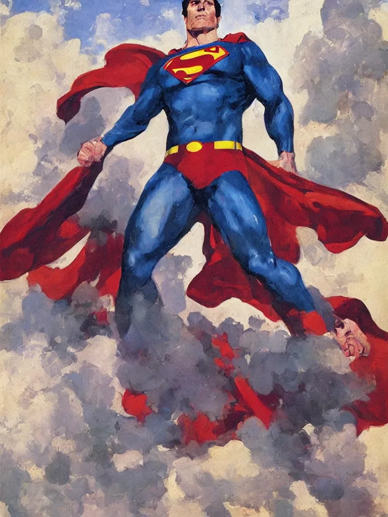 Image similar to a heroic portrait of Superman as illustrated by Gregory Manchess. 1992. Oil on panel. Museum Quality Scan.