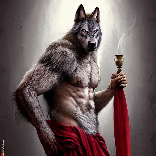 Image similar to wolf werewolf wolfman furry hairy fluffy bodybuilder wearing a monk robes holding incense burner. natural lighting by ruan jia, portrait