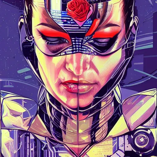 Prompt: female android by ((Sandra Chevrier)) and Dan Mumford