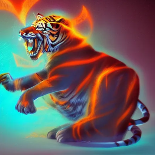 Image similar to a wizard is sitting on a chair as a tiger , dynamic pose, chromatic aberration , medium level shot, fantasy, illustration, concept art,