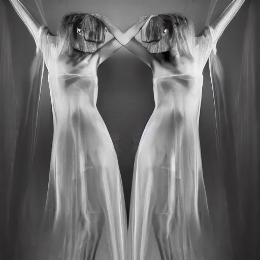 Prompt: award winning photo Floating twins, buxom nuns, wearing translucent habits, see through dress, Very long arms, in a bedroom, eerie, frightening, highly detailed, photorealistic —width 1024 —height 1024