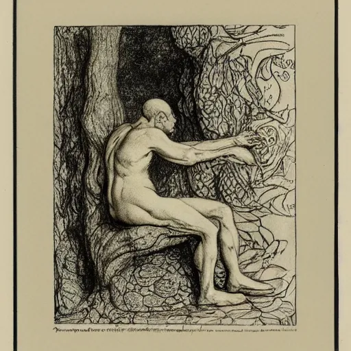 Prompt: toad The Thinker, swamp, by Auguste Rodin, by Irving Penn, illustrations by irish fairy tales james stephens arthur rackham, illustrations by Stephen Reid