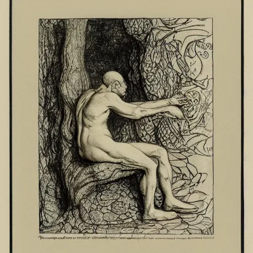 Image similar to toad The Thinker, swamp, by Auguste Rodin, by Irving Penn, illustrations by irish fairy tales james stephens arthur rackham, illustrations by Stephen Reid