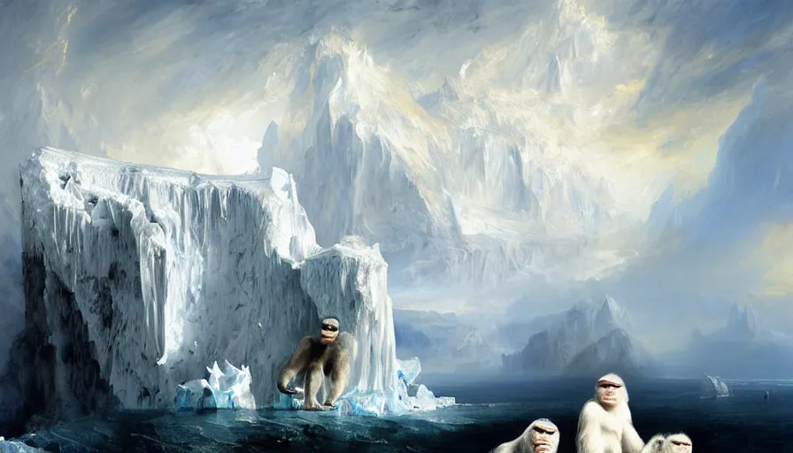 Image similar to highly detailed painting of white giant gorilla cats with large feathered wings on a blue and white iceberg by william turner, by greg rutkowski, by william constable, thick brush strokes and visible paint layers, 4 k resolution