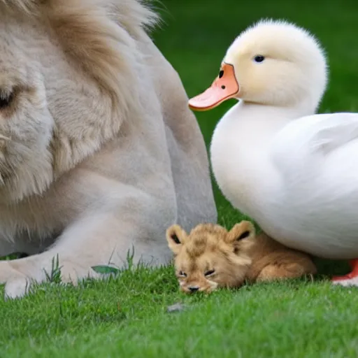 Prompt: a white duck, with a baby lion cub