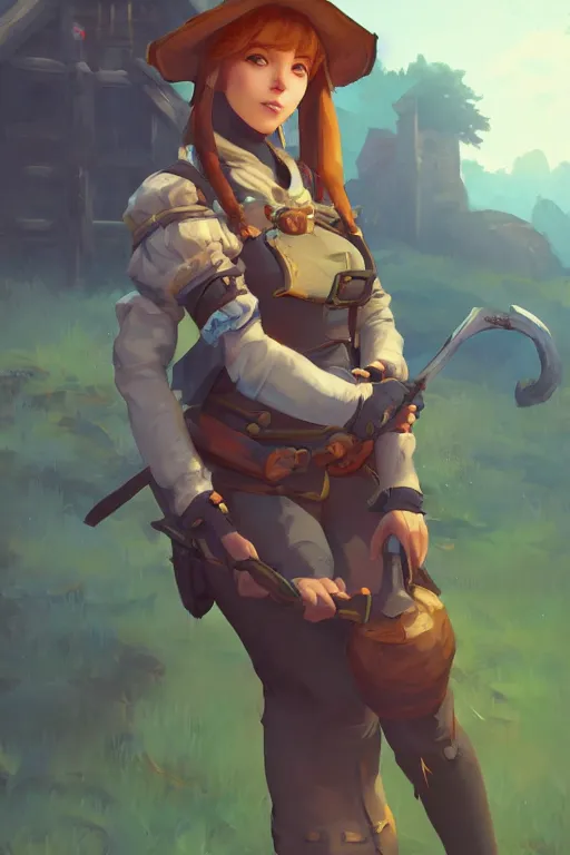 Prompt: a portrait of a cute female medieval peasant, rustic setting, overwatch art team, action pose, vivid colors, soft lighting, atmospheric, cinematic, moody, splash art in the style of ilya kuvshinov and range murata, oil on canvas, 8 k