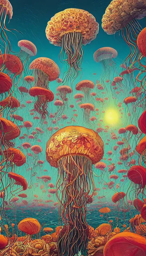 Image similar to The land of the floral jellyfish, italian futurism, Dan Mumford, da vinci, Josan Gonzalez