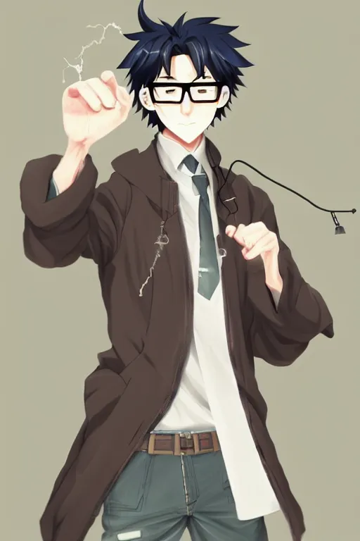 Prompt: character design, a young man with glasses, handsome japanese manga man, cold and abstinent, holding a spell in his hand, artstation, by fuji itsuki