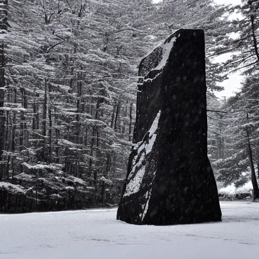 Prompt: a taiga with a large monolith hovering above it. overcast sky, snowing.